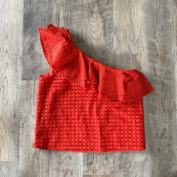J. Crew Red Eyelet Ruffle Shoulder Blouse - Picture 4 of 5